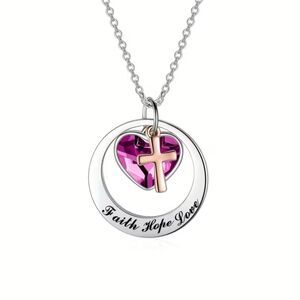 2-Tone Stainless Steel Cross Heart Crystal Pendant Necklace Faith Spiritual